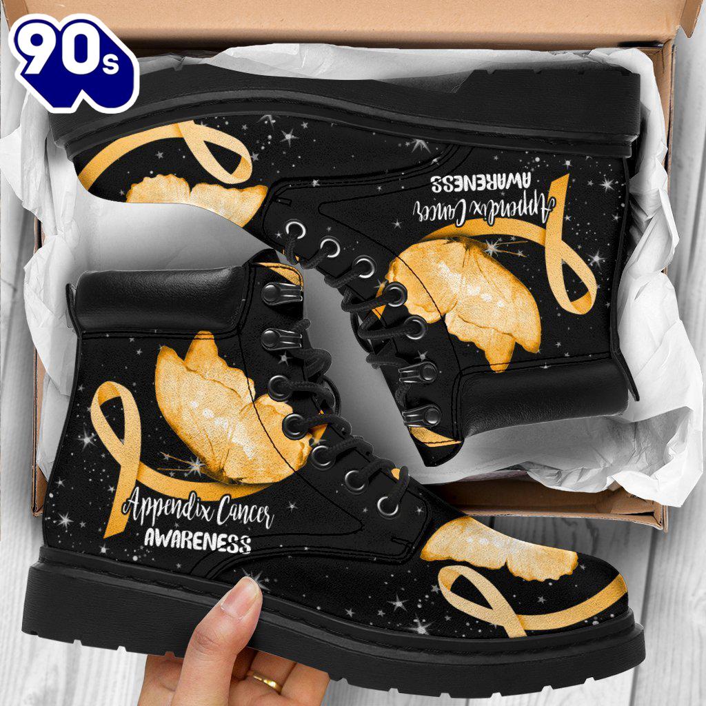 Appendix Cancer Awareness Leather Boots Ribbon Butterfly Shoes Appendix Cancer Awareness Leather Boots Ribbon Butterfly Shoes