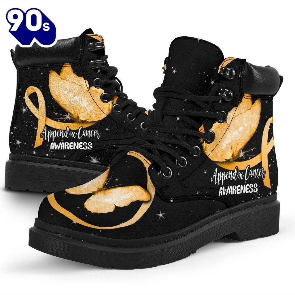 Appendix Cancer Awareness Leather Boots Ribbon Butterfly Shoes Appendix Cancer Awareness Leather Boots Ribbon Butterfly Shoes