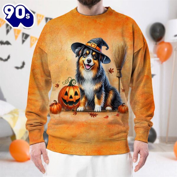 Australian Shepherd Dog In Spooky Autumn Halloween 3D Shirt  For Man And Women