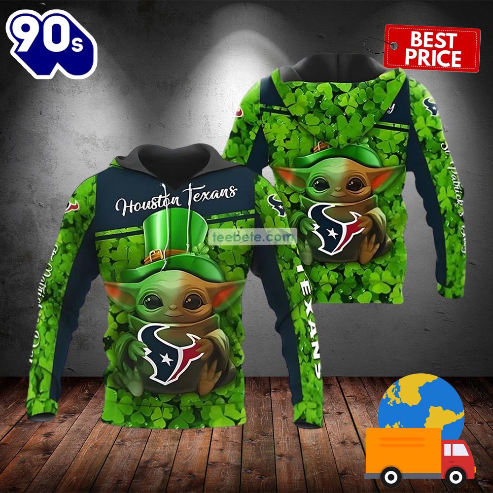 Baby Yoda St Patricks Day Houston Texans Green 3D Hoodie For Men 2025 Baby Yoda St Patricks Day Houston Texans Green 3D Hoodie For Men 2025