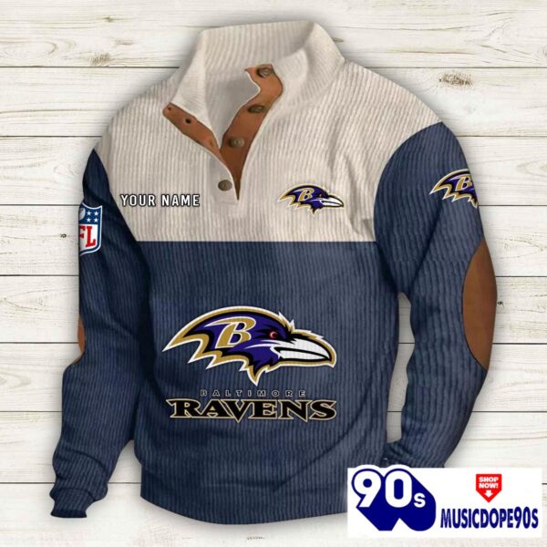 Baltimore Ravens Button Up Shirts Stand Collar Long Sleeve Shirt Elbow Patches