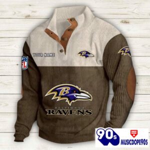 Baltimore Ravens Button Up Shirts Stand Collar Long Sleeve Shirt Elbow Patches