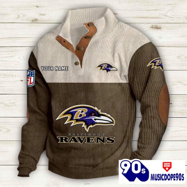 Baltimore Ravens Button Up Shirts Stand Collar Long Sleeve Shirt Elbow Patches