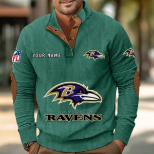 Baltimore Ravens Button Up Shirts Stand Collar Long Sleeve Shirt Elbow Patches