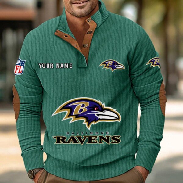 Baltimore Ravens Button Up Shirts Stand Collar Long Sleeve Shirt Elbow Patches