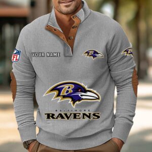 Baltimore Ravens Button Up Shirts Stand Collar Long Sleeve Shirt Elbow Patches