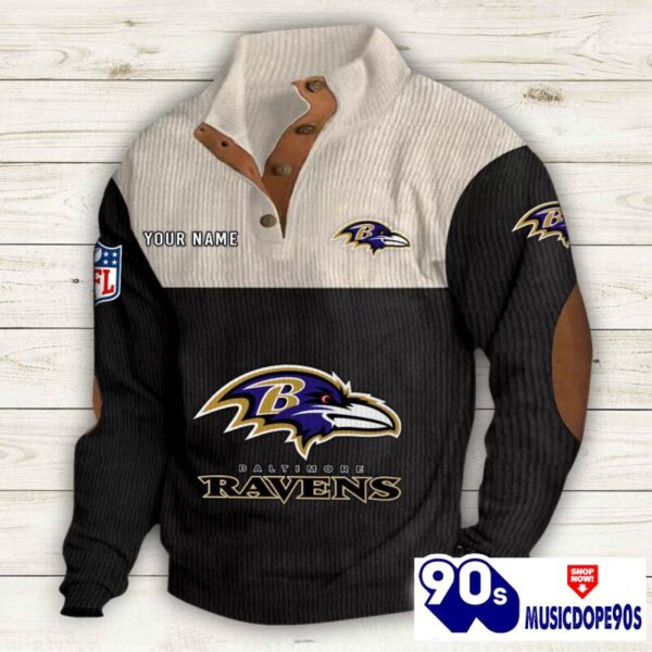 Baltimore Ravens Button Up Shirts Stand Collar Long Sleeve Shirt Elbow Patches