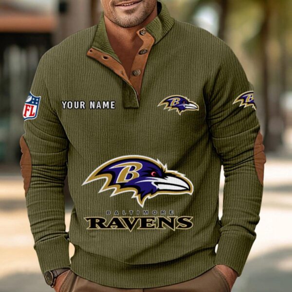 Baltimore Ravens Button Up Shirts Stand Collar Long Sleeve Shirt Elbow Patches