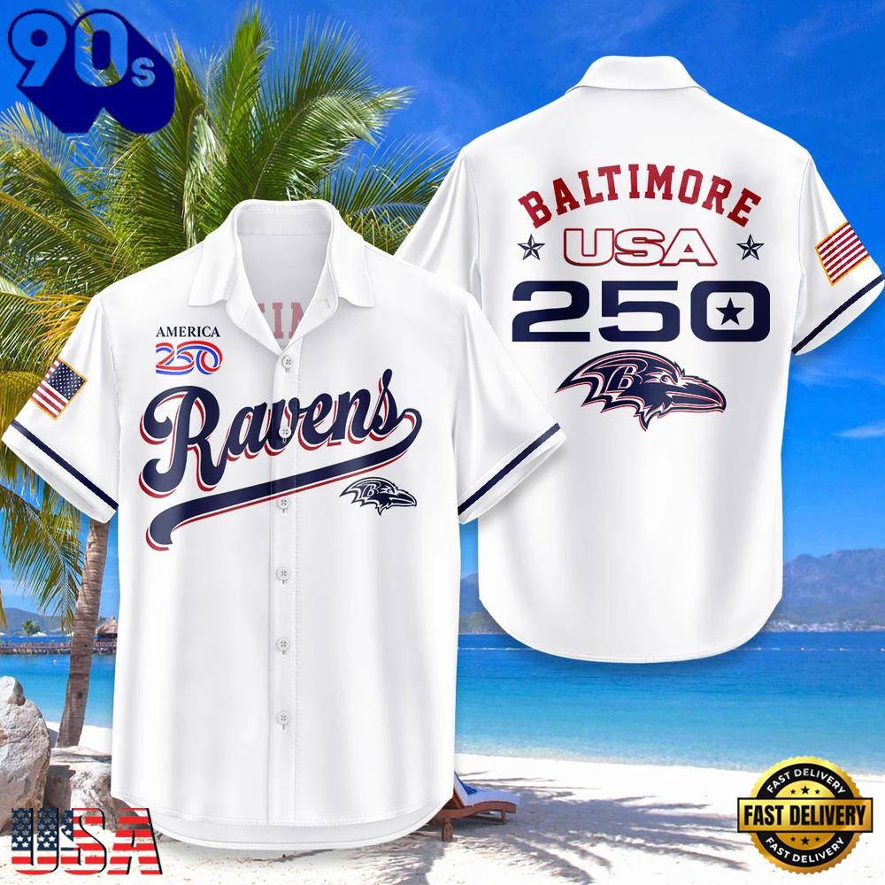 Baltimore Ravens USA Flag 250 Years of Freedom Anniversary 1776-2026 Aloha Hawaiian Shirt Baltimore Ravens USA Flag 250 Years of Freedom Anniversary 1776-2026 Aloha Hawaiian Shirt