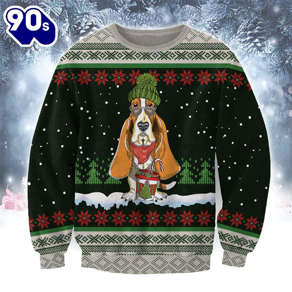 Basset Hound With Snow And Christmas Ugly Sweater Basset Hound With Snow And Christmas Ugly Sweater