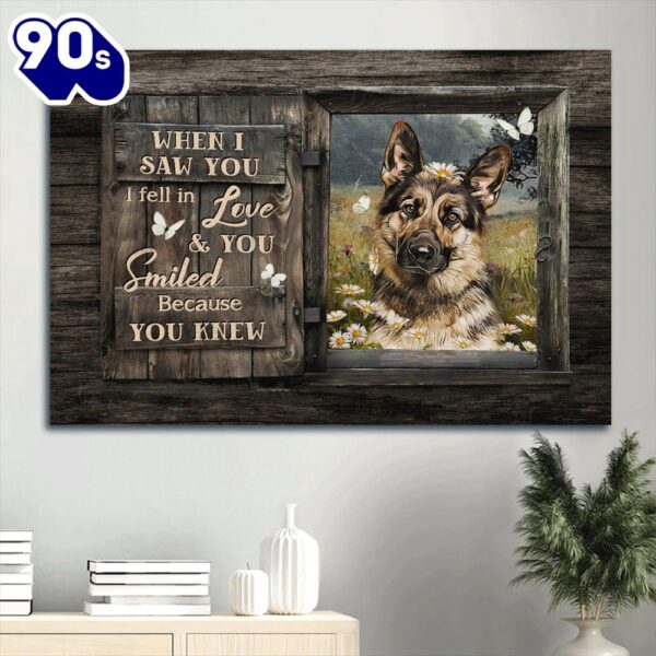 Beautiful German Shepherd Daisy Field White Butterfly When I Saw You I Fell In Love Canvas Wall Art  Gift Christmas