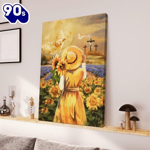 Beautiful Girl Sunflower Field Jesus Hand Cross Symbol Canvas Posters   Gift Christmas