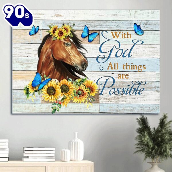 Beautiful Horse Sunflower Drawing Blue Butterfly Canvas With God All Things Are Possible Canvas
