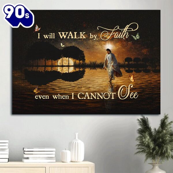 Beautiful Night Full Moon Drawing Jesus Walking On Water I Will Walk By Faith Canvas Wall Art
