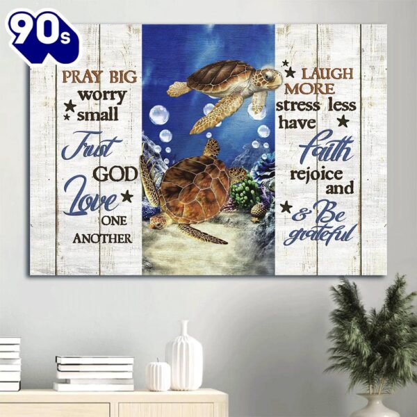 Beautiful Sea Turtle Blue Ocean Water Bubbles Pray Big Worry Small Canvas Wall Art