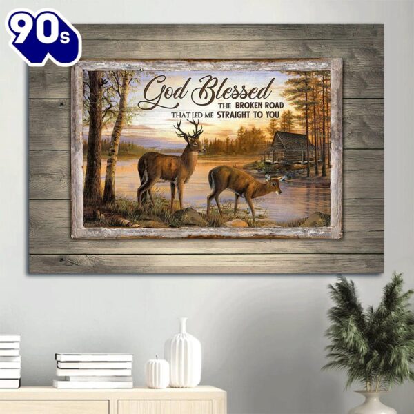 Beautiful Sunset Brown Deer River Painting God Blessed The Broken Road Canvas Wall Art