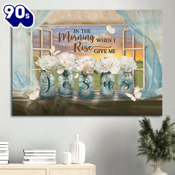 Beautiful White Flower Orange Sunset Butterfly In The Morning When I Rise Canvas Wall Art