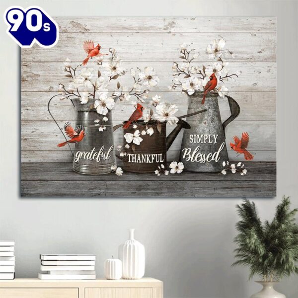 Beautiful White Flowers Red Cardinals Water Pots Simply Blessed Canvas Wall Art