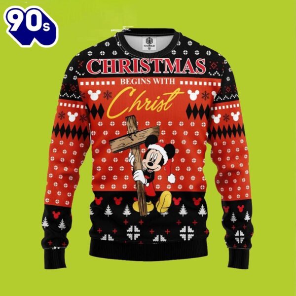 Begin With Christ Mickey Disney Ugly Christmas Sweater  Gift Christmas