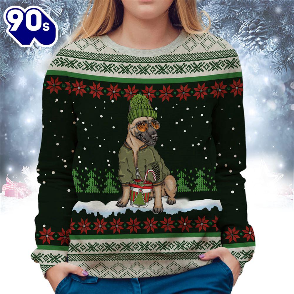 Belgian Shepherd With Snow And Christmas Ugly Sweater Belgian Shepherd With Snow And Christmas Ugly Sweater