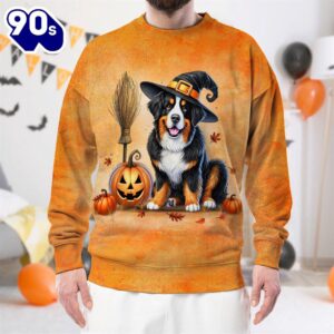 Bernese Mountain Dog In Spooky Autumn Halloween 3D Shirt  For Man And Women