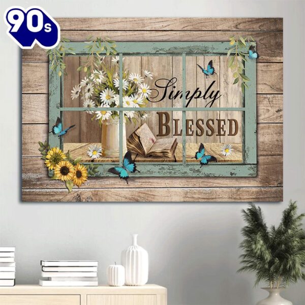 Bible Book Daisy Flowers Sunflower Simply Blessed Canvas Wall Art