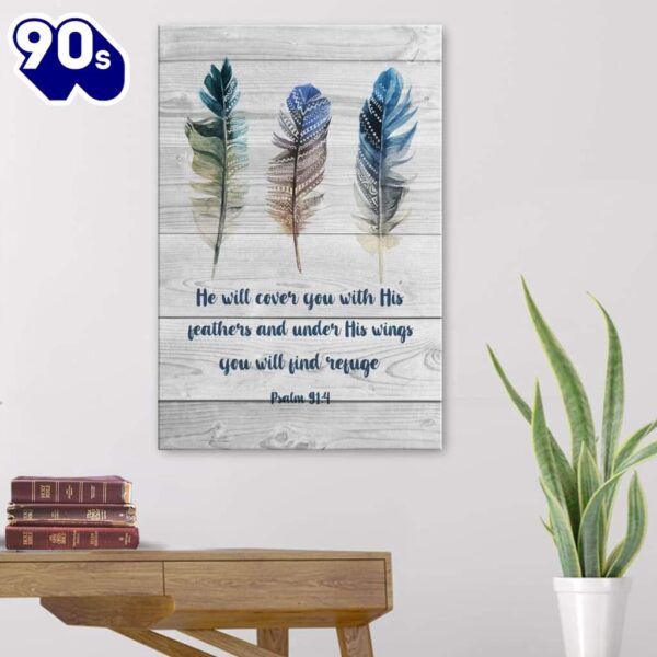 Bible Verse Psalm 914 He Will Cover You With His Feathers Canvas Art