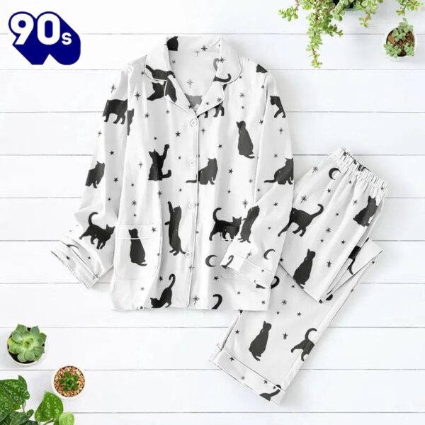 Black Cat Pajamas Set, Cute Kitty Sleepwear For Women, Spooky Cat Lover Matching Pajamas Se