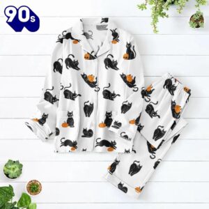 Black Cat Pumpkin Pajamas Set, Spooky Halloween Pet Pajamas, Funny Black Cat Matching Pajamas Set