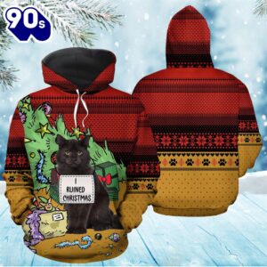 Black Cat Ruined Christmas Hoodie All Over Print  , Pet Christmas 3d Shirt