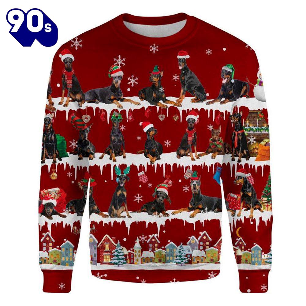 Black Doberman Pinscher Snow Winter Festive Celebration Ugly Christmas Sweater Black Doberman Pinscher Snow Winter Festive Celebration Ugly Christmas Sweater