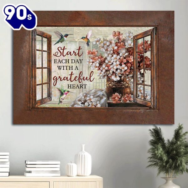 Blossom Flower Hummingbird Window Frame Start Each Day With A Grateful Heart Canvas Wall Art  Gift Christmas