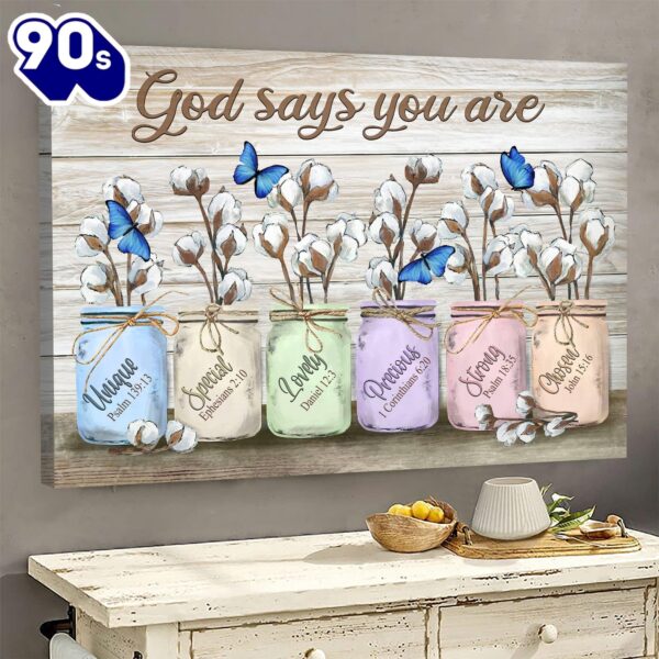 Blue Butterfly Cotton Flower Jar God Says You Are Canvas Wall Art  Gift Christmas