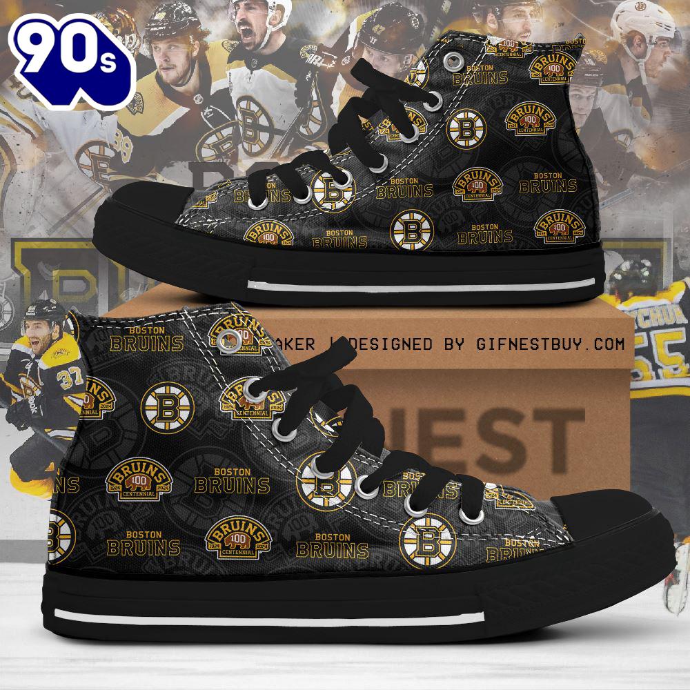 Bon Bruins Logo, Bon Bruins Black And Yellow, Boston Bruins High Top Canvas Shoes For Fans Bon Bruins Logo, Bon Bruins Black And Yellow, Boston Bruins High Top Canvas Shoes For Fans