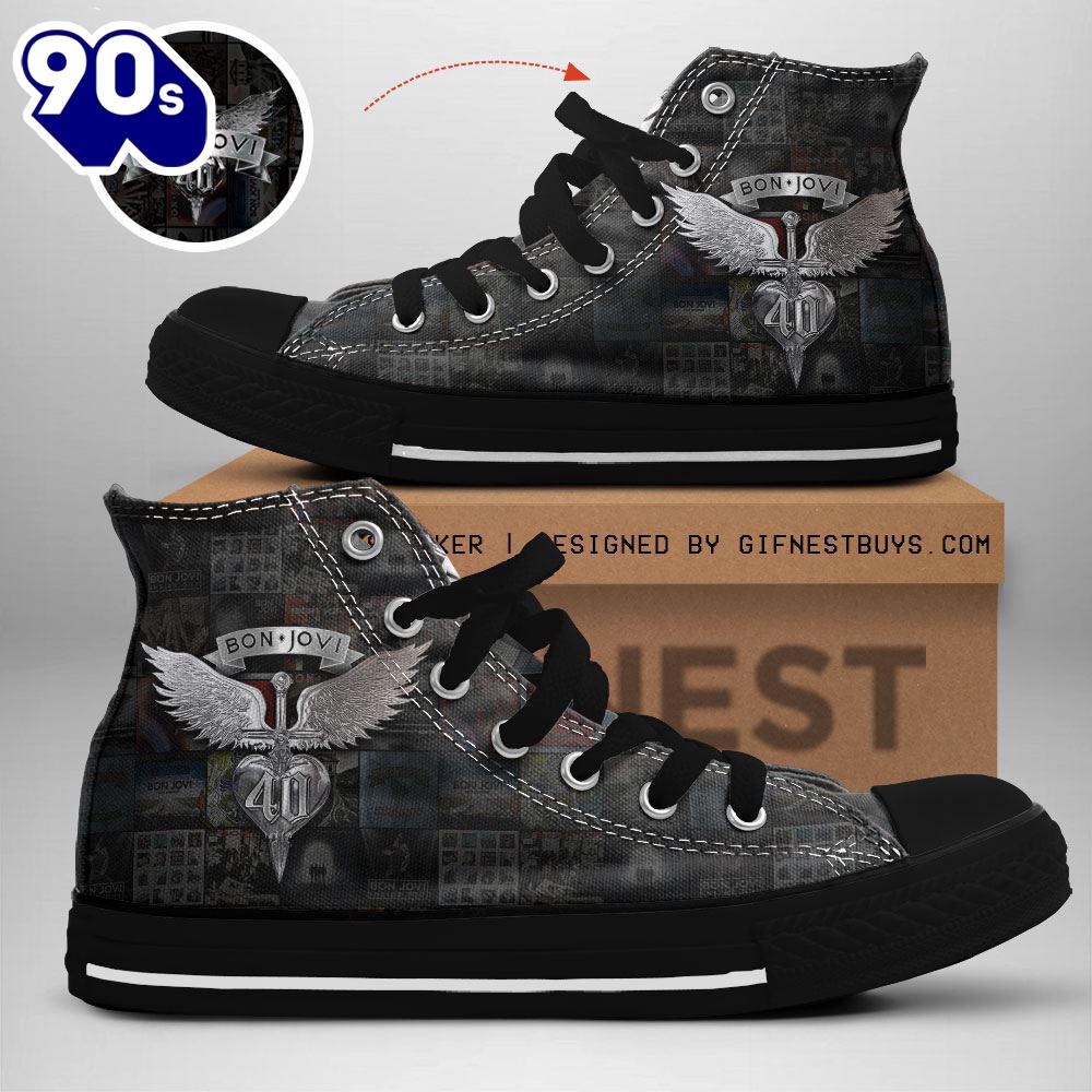 Bon Jovi Logo Sword, Wings And Heart, Bon Jovi High Top Canvas Shoes For Fans Bon Jovi Logo Sword, Wings And Heart, Bon Jovi High Top Canvas Shoes For Fans