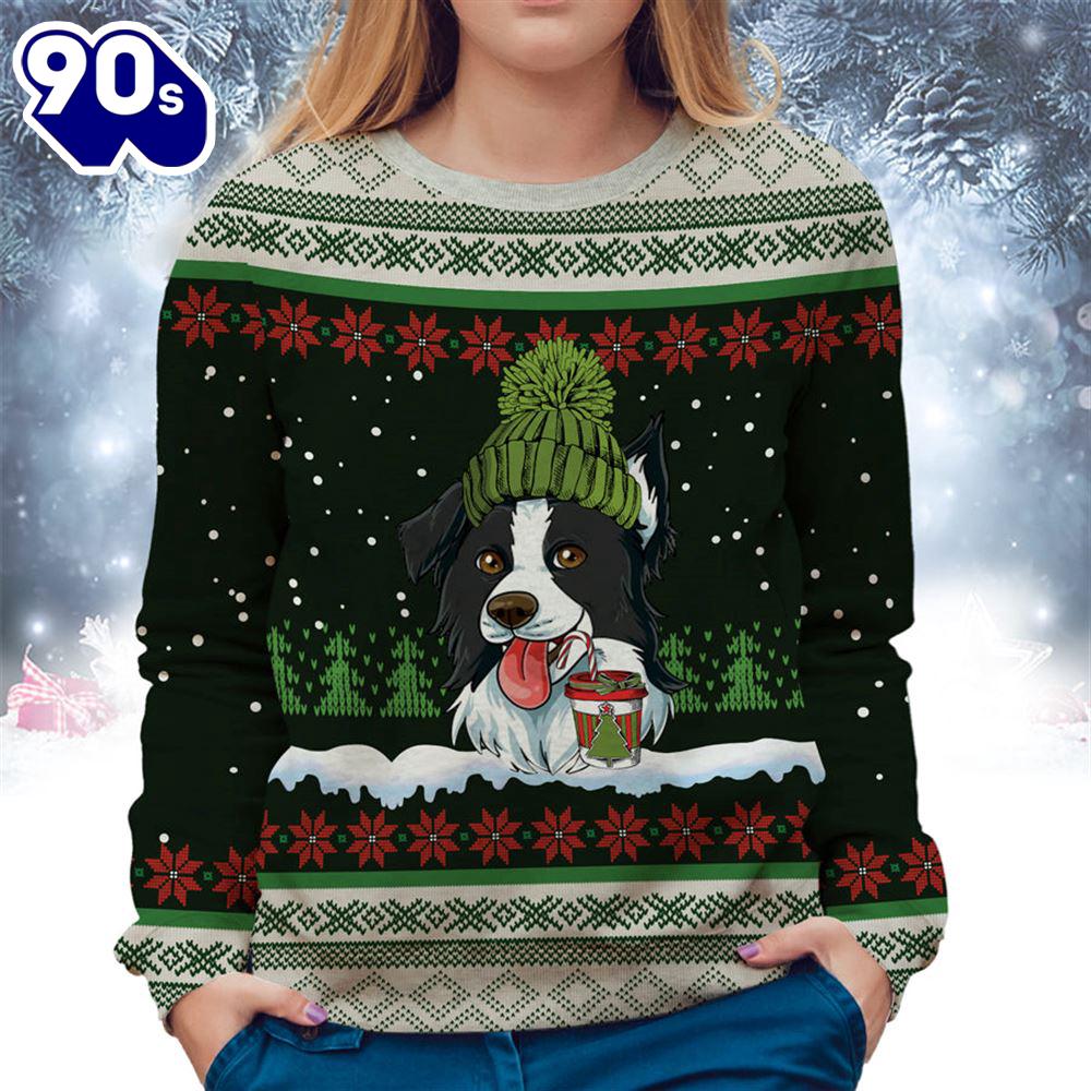 Border Collie With Snow And Christmas Ugly Sweater Border Collie With Snow And Christmas Ugly Sweater