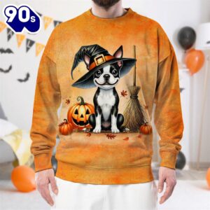 Boston Terrier Dog In Spooky Autumn Halloween 3D Shirt  For Man And Women