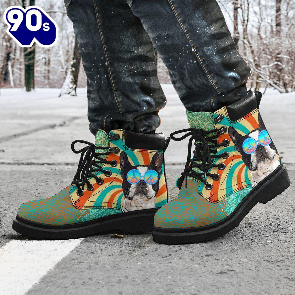 Boston Terrier Dog Leather Boots Shoes Funny Hippie Style Boston Terrier Dog Leather Boots Shoes Funny Hippie Style