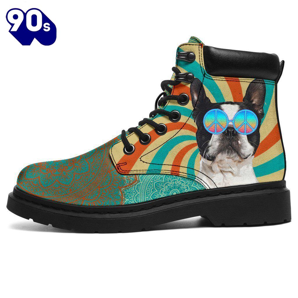 Boston Terrier Dog Leather Boots Shoes Funny Hippie Style Boston Terrier Dog Leather Boots Shoes Funny Hippie Style