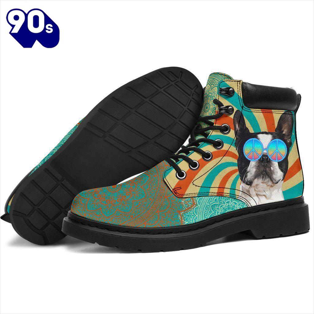 Boston Terrier Dog Leather Boots Shoes Funny Hippie Style Boston Terrier Dog Leather Boots Shoes Funny Hippie Style