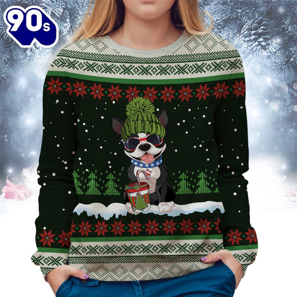 Boston Terrier With Snow And Christmas Ugly Sweater Boston Terrier With Snow And Christmas Ugly Sweater