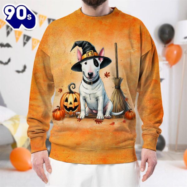 Bull Terrier Dog In Spooky Autumn Halloween 3D Shirt  For Man And Women