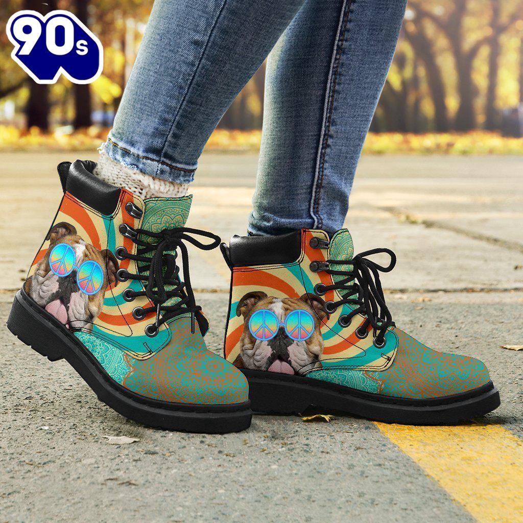 Bulldog Dog Leather Boots Shoes Funny Hippie Style Bulldog Dog Leather Boots Shoes Funny Hippie Style