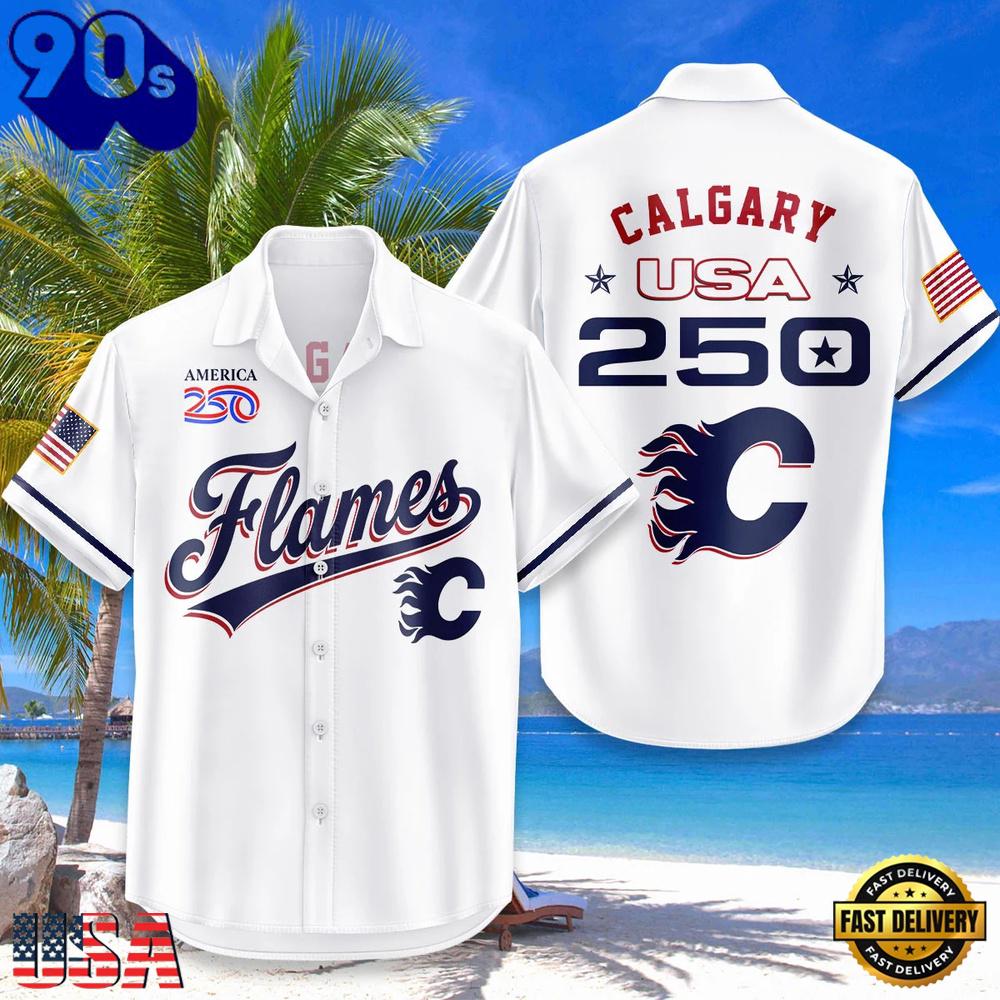 Calgary Flames USA Flag 250 Years of Freedom Anniversary 1776-2026 Aloha Hawaiian Shirt Calgary Flames USA Flag 250 Years of Freedom Anniversary 1776-2026 Aloha Hawaiian Shirt