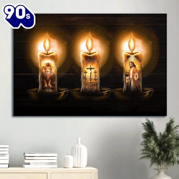 Candles Painting Lion Of Judah Jesus Painting The Three Rugged Crosses Canvas Wall Art  Gift Christmas