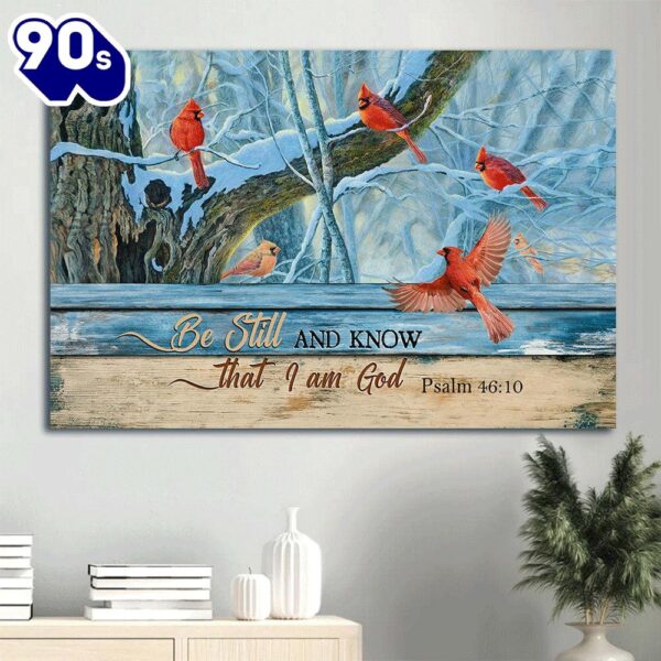 Cardinal Drawing Blue Light Winter Be Still And Know That I Am God Canvas Wall Art  Gift Christmas