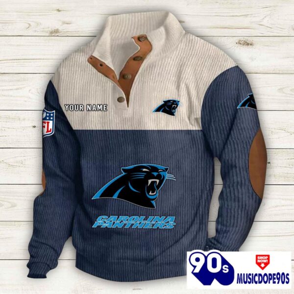 Carolina Panthers Button Up Shirts Stand Collar Long Sleeve Shirt Elbow Patches