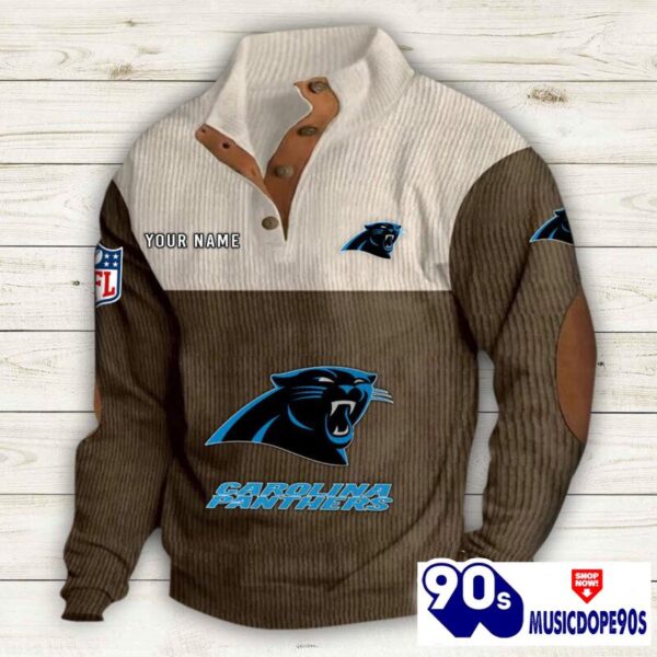 Carolina Panthers Button Up Shirts Stand Collar Long Sleeve Shirt Elbow Patches