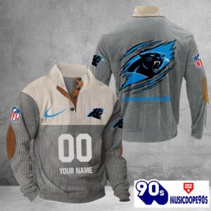 Carolina Panthers Vintage Button Up Shirts Stand Collar Long Sleeve Shirt Elbow Patches