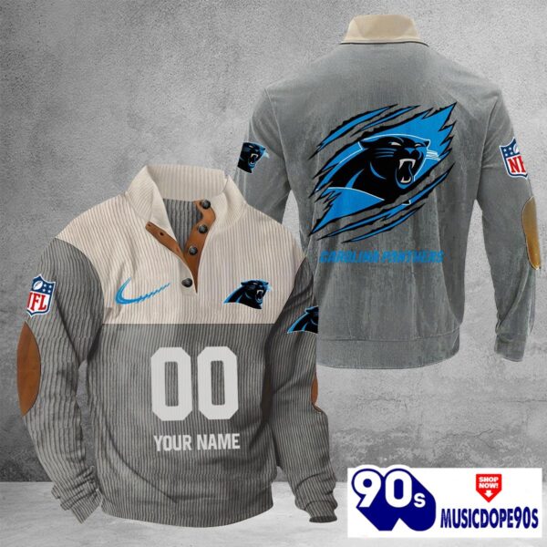 Carolina Panthers Vintage Button Up Shirts Stand Collar Long Sleeve Shirt Elbow Patches